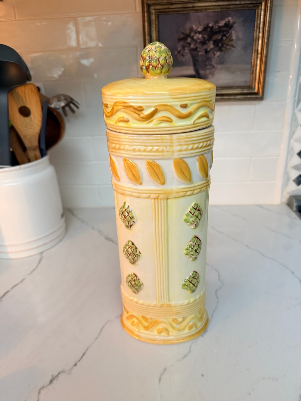 Yellow Ceramic Decorative Canister with artichokes